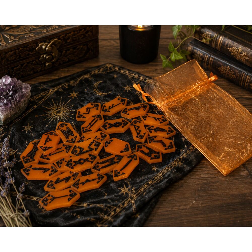 OOAK Handmade Coffin Rune-Style Divination Tile Set w/ Organza Storage Bag